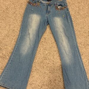 ECI New York Blue Flare Wide Leg Jeans with Distressed Detailing